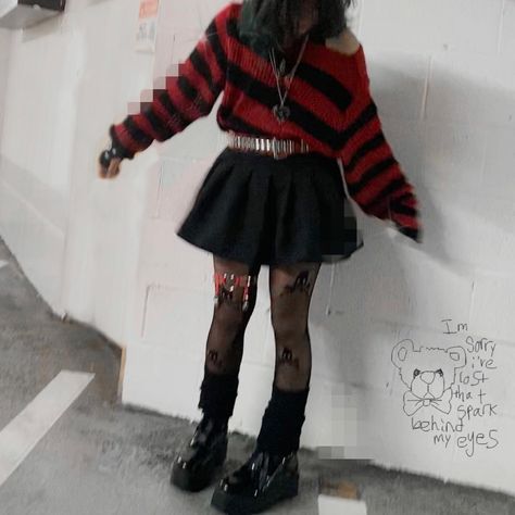 #drain #aesthetic #ootd #outfits #amazonfinds Red Alt Outfits Aesthetic, Red And Black Sweater Outfit Grunge, Red And Black Striped Sweater Outfit, Red Goth Aesthetic Outfit, Red And Black Rock Outfit, Black And Red Emo Outfit, Gore Outfits Aesthetic, Red Gothic Aesthetic Outfit, Red Egirl Outfits