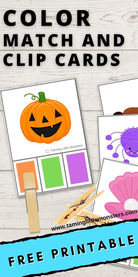 Color Match and Clip Cards - Free Printable for kids. Great for toddlers and preschoolers to develop fine motor skills. #freeprintable #colors #finemotor #toddlers #preschoolers Clip Activities Fine Motor, Pumpkin Color Matching, Task Cards Preschool, Laminated Activities For Toddlers, Shape Monsters Preschool, Clip Cards Preschool Free, Color Sorting Activities Free Printables, Teach Colors To Toddlers, Color Centers For Preschool