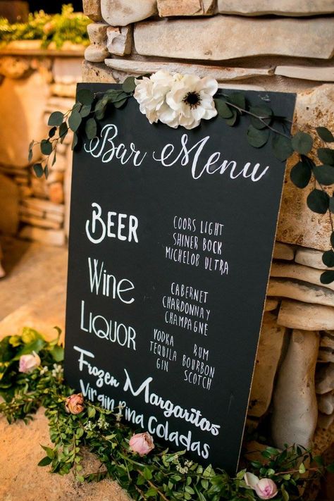 Wedding Bar Sign Chalkboard, Diy Bar Menu For Wedding, Wedding Liquor Bar, Home Reception Ideas, Bar Menu Chalkboard, Wedding Beer Sign, Life Celebration Ideas, 50th Birthday Dinner, May Wedding Ideas