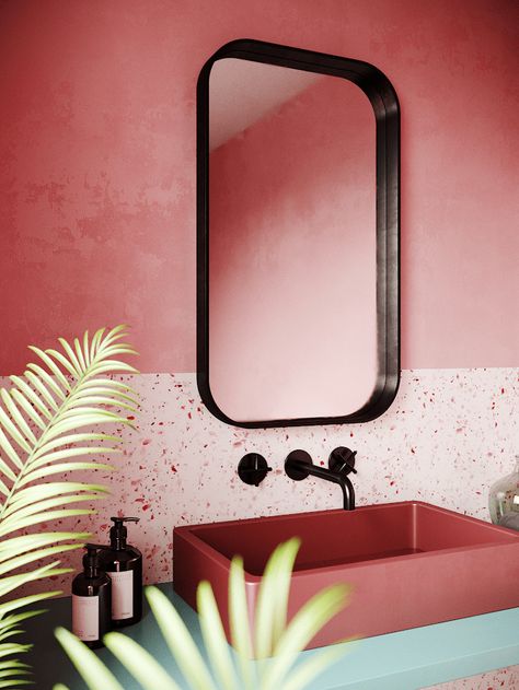 These 9 Bold Spaces Will Make You Want a Colorful Sink Easy Bathroom Upgrades, Apartemen Studio, Terrazzo Bathroom, Retro Bathrooms, Deco Rose, Ideas Hogar, Bathroom Trends, Pink Bathroom, Simple Bathroom