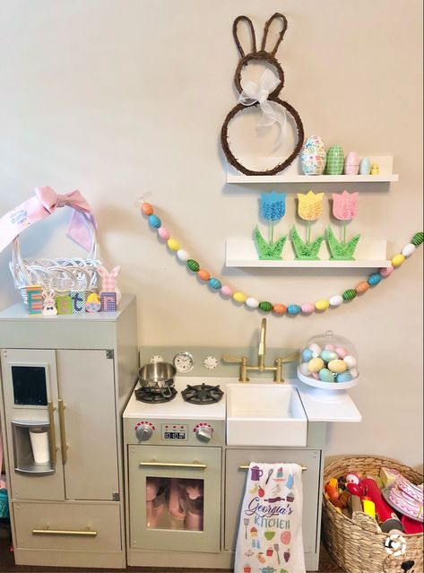 Play Kitchen Holiday Decor, Playroom Holiday Decor, Girls Kitchen Set, Sunroom Playroom, Kids Holiday Decor, Easter Kitchen Decor, Toy Rotation, Preschool Easter, Easter Play