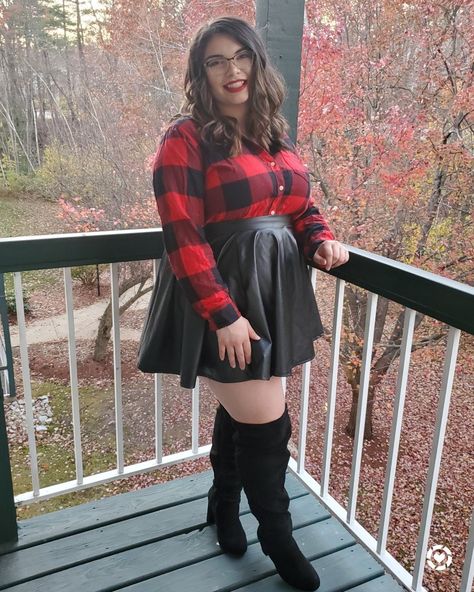 Buffalo plaid winter outfit! Everything is on discount and under $30. Faux leather skirt that compliments curves http://liketk.it/30DJz @liketoknow.it #liketkit #LTKsalealert #LTKstyletip #LTKunder50 #LTKcurves #LTKshoecrush Plaid Shirt And Skirt Outfit, Plus Size Skater Skirt Outfit, Leather Skater Skirt Outfit, Plaid Winter Outfit, Plus Size Leather Skirt Outfit, Plus Size Leather Skirt, Skirt And Thigh Highs, Skater Skirt Outfit, Plus Size Leather