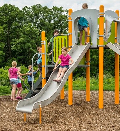 Stainless Steel Wave Slide – Fast, Wavy Sliding Fun – PlayBooster - Landscape Structures Slide Playground, Barbeque Grill Design, Commercial Playground, Playground Slide, Commercial Playground Equipment, Landscape Structure, Metal Slide, Splash Pad, Summer Goals