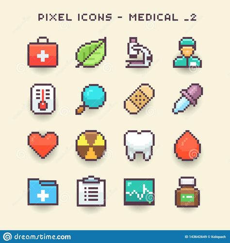 Medical Pixel Art, Brain Pixel Art, Pixel Reference, Clinic Background, Pixel Icons, Sprite Sheet, Medical Stickers, Happy Show, Health Medicine