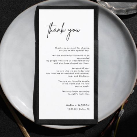 $2.52 | Black and White Modern Wedding Table Thank You #wedding thank you, minimalist, modern thank you, thank you note, wedding note, menu thank you, thank you letter, wedding letter, wedding table thank you, black and white Black And White Place Settings, Black White Wedding Table Setting, Wedding Table Sign Ideas, Black And White Wedding Ceremony Decor, Black Charger Plates Wedding, Black And White Centerpieces Wedding, Black And White Table Setting Wedding, Black And White Boho Wedding, Black And White Wedding Table Settings