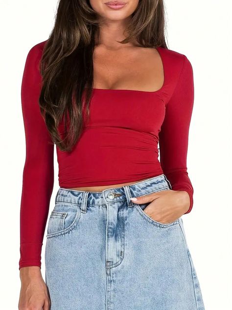 Women's Slim Fit Crop Tops Long Sleeve Square Neck Solid Color T-Shirt Dressy Blouses Red Casual  Long Sleeve Knitted Fabric Plain  Medium Stretch Spring/Summer Women Clothing, size features are:Bust: ,Length: ,Sleeve Length: Red Long Sleeve Tops, Square Neck Long Sleeve, Colorful Crop Tops, Trendy Streetwear, Red Square, Workout Crop Top, Black Long Sleeve Top, Loose Fitting Tops, Comfortable Tops