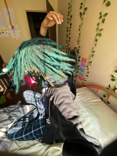 Green Locs Men, Turquoise Locs, Green Locs, Blue Dreads, Green Dreads, Barrel Twist, Loc Goddess, Dread Head, Locs Styles