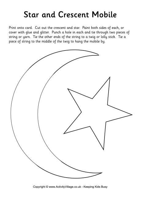 Star and crescent moon mobile template                                                                                                                                                                                 More Eid Printables, Vetenskapliga Experiment, Ramadan Moon, Printable String Art Patterns, Moon Mobile, Transportation Preschool, Islamic Kids Activities, Ramadan Kids, Star Coloring Pages