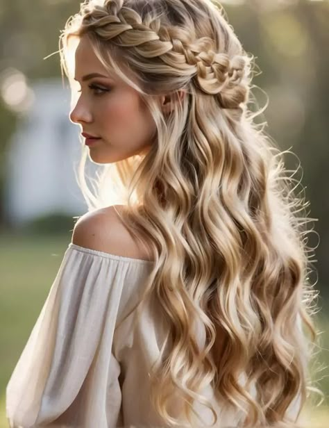 Long Wedding Hair Braid, Bride Hairstyles Braid, Long Blonde Wedding Hair, Engagement Hairstyle, Blonde Wedding Hair, Classic Wedding Hair, Terrarium Ideas, Long Hair Wedding Styles, Braids With Curls