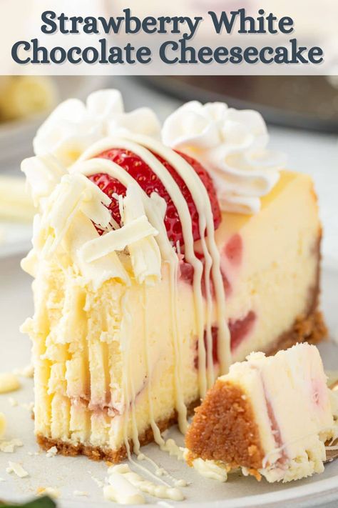 Good Chocolate Dessert Recipes, White Chocolate Caramel Cheesecake, Cheesecake Aesthetic Strawberry, White Christmas Cheesecake, Strawberry Coconut Cheesecake, Strawberry New York Cheesecake, Unique No Bake Cheesecake Recipes, White Choc Raspberry Cheesecake, Cheesecake Factory Strawberry Cheesecake