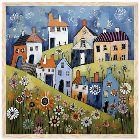 British Whimsy in Bloom: Naive Art Painting of Quirky Houses on a Hill, Classic Semi-Glossy Paper Wooden Framed Poster by akiradesignhouse on Etsy Houses On A Hill, Coastal Cottages, Town Drawing, Whimsical Houses, British Houses, Fantasy Village, Naive Painting, Art Village, Childrens Books Illustrations