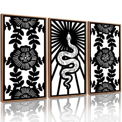 PRICES MAY VARY. BOHO BLACK GOTHIC WALL ART SET- CHDITB black floral art wall decor is designed with rustic style, a minimalist wall sculpture of flowers&snake in 3D laser cut. SOPHISTICATED 3D DESIGN- Our black witchy wall art sign features a 3D laser engraved design with a thickness of 5mm. Unlike the ordinary framed wall art, this has a multi-layered visual effect. A CREATIVE HOME WALL DECOR GIFT- This modern boho snake wall decor can be a nice housewarming gift on birthdays, wedding days, an Desert Gothic Decor, Occult Home Decor, Black And White Boho Wall Art, Witchy Boho Living Room, Modern Witchy Home Decor, Soft Goth Home Decor, Goth Chic Decor, Dark Decor Aesthetic, Black Accent Wall Decor