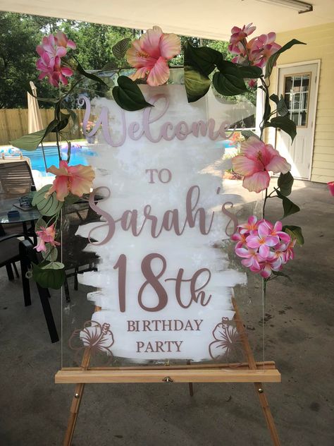 DIY BIRTHDAY PARTY DECORATIONS: ACRYLIC SIGNS Sign In Table For Birthday Party, Sweet 16 Signs Diy, Plexiglass Birthday Sign, Sweet 16 Acrylic Sign, 18th Birthday Sign Ideas, Birthday Party Cricut Projects, Acrylic Party Signs, Diy Acrylic Sign How To Paint, Birthday Party Signs Diy Entrance