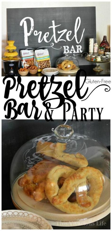 Gluten Free Pretzel Bar and Party | gluten free party ideas || This Vivacious Life #pretzelbar #glutenfreeparty Pretzel Bar, German Appetizers, Gluten Free Party, Beer Tasting Parties, Pretzel Day, Pretzel Bars, Gluten Free Bars, Gluten Free Pretzels, Baby Shower Menu