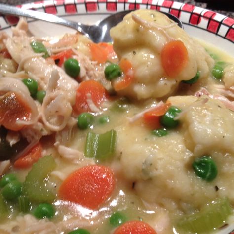 Chicken and dumplings. Perfect for rainy days. I shredded my chicken in the stand mixer instead of dicing. I also omit the potato and add celery and add a can of cream of chicken along with the broth to thicken it up a little. Chicken Breast Tenders, Stand Mixer Recipes, Sous Vide Chicken, Chicken And Dumplings Recipe, Kitchen Aid Recipes, Chicken Dumplings, Mixer Recipes, Dumplings Recipe, Poultry Seasoning