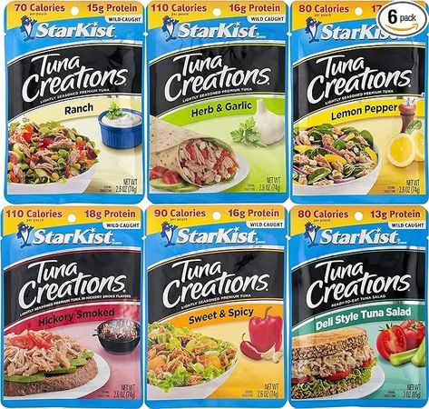 Amazon.com : Tuna Variety Pack, Tuna Creation 6 Different Flavors, 1 Pouch each Flavor : Grocery & Gourmet Food Tuna Packets, Starkist Tuna, Deli Style, Tuna Salad, Lemon Pepper, Easy Lunches, Easy Salads, New Flavour, Variety Pack