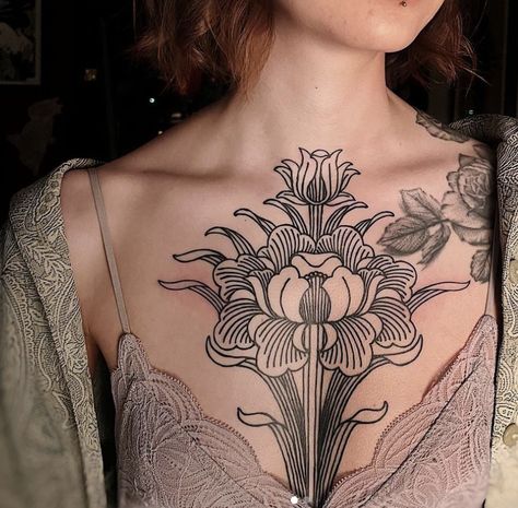 Back Rolls Tattoos, Creative Chest Tattoo, Jezebel Tattoo, Flower Knee Cap Tattoo, Egyptian Lotus Flower Tattoo, Symmetrical Leg Tattoos Women, Art Nouveau Chest Tattoo, Maribel Core, Botanical Chest Tattoo