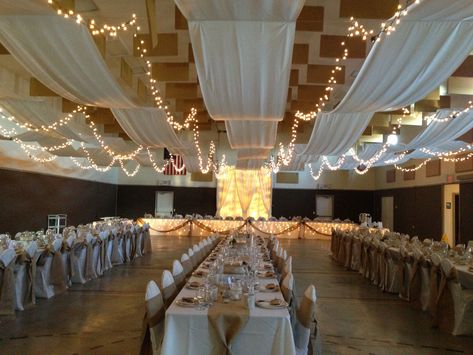 Lds Church Wedding Reception Gym, Church Gym Wedding Reception, Gym Wedding Reception, Gym Reception, Wedding Ceiling Decorations, Wedding Ceiling, Ceiling Draping, Ceiling Decorations, Diy Wedding Reception