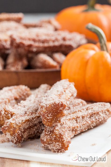 Mini Pumpkin Churros (+Giveaway!) | Chew Out Loud Pumpkin Churros, Chocolate Ganache Frosting, Churros Recipe, Pumpkin Pecan Pie, Pumpkin Coffee Cakes, Sweet Red Bean, Festive Food, Bobby Flay, Mexican Cooking