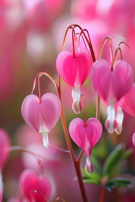 The Bleeding Heart plant is known for its heart-shaped pink and white flowers, dripping gracefully from arching stems. This enchanting flower symbolizes undying love and compassion.  Light: Partial to full shade. Water: Keep soil moist but well-drained. Soil: Rich, well-drained soil with organic matter. Temperature: 55-75°F (13-24°C). Humidity: Moderate to high. Fertilizer: Balanced fertilizer in the spring.Perfect for woodland gardens and shady borders, adding a touch of romantic charm.  #BleedingHeart #ShadyGarden #flowergarden #gardendesign Flower Of An Hour, Lamprocapnos Spectabilis, Heart Shaped Flowers, Weird Flowers, Deadly Plants, Heart Plant, Quinceanera Centerpieces, Woodland Gardens, Flower Magic