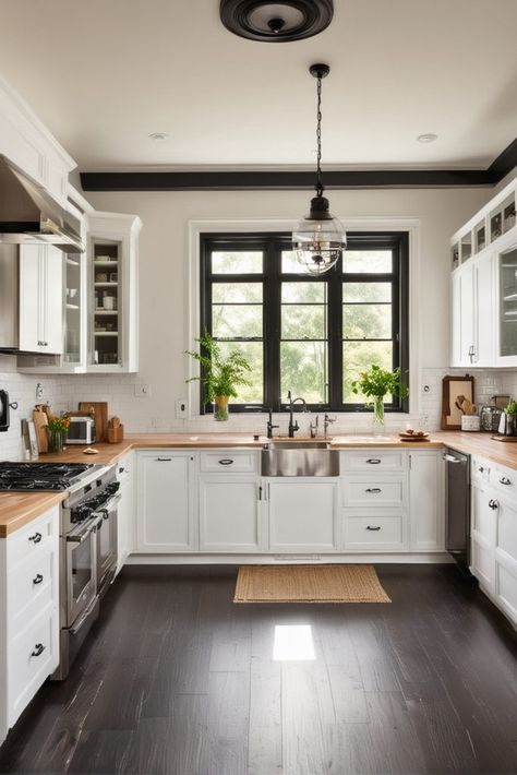 Black And White Farmhouse Kitchen Decor, Wood Black And White Kitchen, Black And White Country Kitchen, Black White Wood Kitchen, White Craftsman Kitchen, Black And White Farmhouse Kitchen, Black And White Kitchens, Black And White Kitchen Ideas, Planning Future