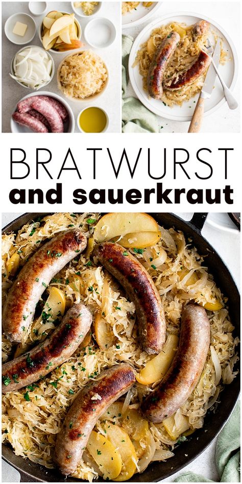 Bratwurst And Sauerkraut, German Sauerkraut Recipe, Brats And Sauerkraut, How To Cook Bratwurst, Easy German Recipes, Brats Recipes, Bratwurst Recipes, German Food Authentic, German Sausage