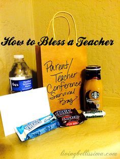 Last week Kurt and I attended Kate’s first high school parent teacher conference. We arrived at 7PM and left at 9:30PM.  Those poor teachers had taught all day and were there meeting with parents... Parent Teacher Conference Gifts For Teachers, Parent Teacher Conferences Gifts, Parent Teacher Conferences Survival Kit, Conference Week Teacher Gifts, Parent Teacher Conference Ideas Snacks, Teacher Conference Gifts, Parent Teacher Conference Gift, Teacher Conference Survival Kit, Parent Conferences