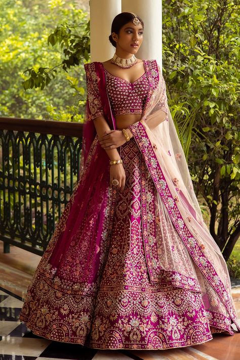 Buy The Indian Bridal Company Pink Raw Silk Floral Embroidered Lehenga Set Online | Aza Fashions Double Dupatta Bridal Lehenga, Double Dupatta, Dupatta Bridal, Pengantin India, Bridal Lengha, Raw Silk Lehenga, Rani Pink, Pink Lehenga, Embroidered Lehenga