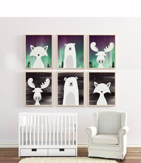 Artic animals print set with night sky or northern lights background from www.roseendcreations.etsy.com Northern Lights Nursery, Northern Lights Nursery Theme, Artic Nursery, Northern Lights Baby Room, Arctic Animals Nursery, Arctic Animals Nursery Theme, Arctic Nursery Theme Gender Neutral, Polar Bear Room Decor, Yellow Kids Rooms