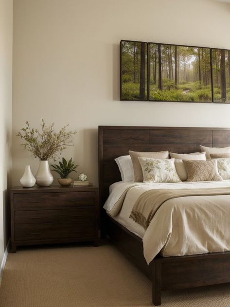 Find Serenity with Brown Bedroom Decor Ideas Consider incorporating wall decor that features natural landscapes or botanical prints to further enhance the calming and nature-inspired ambiance. #BrownIdeas #BrownDesign Brown Bed Frame Ideas, Brown Bedframe Bedroom, Bedroom Ideas Dark Brown Furniture, Bedroom With Dark Brown Furniture, Dark Furniture Bedroom Ideas, Bedroom Ideas Brown Furniture, Dark Brown Furniture Bedroom, Dark Brown Bedroom Furniture Decor, Dark Brown Bedroom Furniture