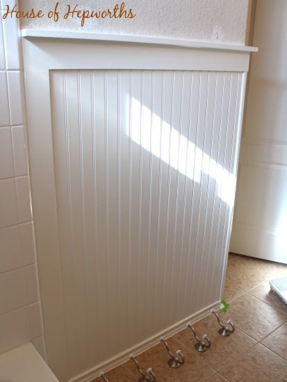 4' bead board panel topped with 1/4x4 flat board and 1x2 shelf. 1/4 x4 flat board next to shower tile for more finished look. Beadboard Trim, Bathroom Wainscoting, Beadboard Bathroom, Black Bathroom Accessories, Bead Board, Upstairs Bathrooms, Bathroom Redo, Girls Bathroom, Bathroom Update