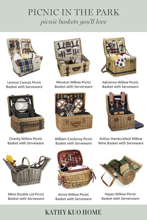 Pick up one of our luxury picnic baskets and a cozy throw blanket for the ultimate al fresco afternoon. This lookbook holds all the essentials for a refreshing park picnic. Enjoy beautiful wine glasses and iced tea glasses to serveware, flatware, cheese boards, designer picnic baskets, and more. The charming picnic ideas here are endless! Click to shop. How To Make A Picnic Basket, Picnic Basket Aesthetic, Diy Picnic Basket, Picnic Set Up, Picnic Basket Ideas, Picnic Basket Diy, Picnic Basket Decor, Luxury Picnic Basket, Wine Picnic Basket