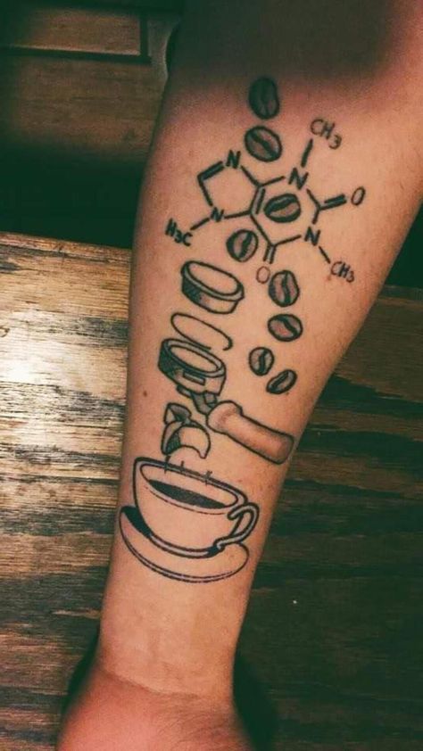 Barista Tattoo, Coffee Cup Tattoo, Tattoo Cafe, Chef Tattoo, Funny Friday, Coffee Tattoos, Coffee Painting, Coffee Girl, Arm Tattoos