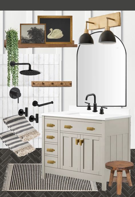 It is supposed to be personal and relaxing. There are so many trends for the bathroom to consider when you are making your purchase. Bathroom With Dark Accents, Half Bathroom Mid Century Modern, Rustic Neutral Bathroom, Bathroom Modern Vintage, Neutral Bathroom Cabinets, Modern Vintage Small Bathroom, Powder Bathroom Mood Board, Small Primary Bathroom Remodel, Neutral Bathroom Ideas Modern