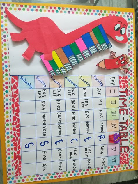 Teacher Register Cover Decoration Ideas, Timetable Chart For Classroom, Creative Time Table For School, Classroom Charts Ideas Teachers, Class Time Table Chart Ideas, Time Table Chart Ideas For Classroom, Class Timetable Ideas, Attendance Register Cover Design, Time Table Ideas