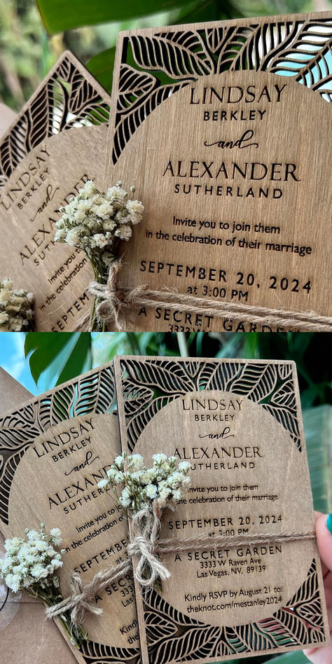 Wedding Cnc Ideas, Laser Printing On Wood, Laser Wedding Invitations, Wood Invitation Wedding, Wedding Laser Engraving Ideas, Wedding Laser Ideas, Glowforge Wedding Projects, Laser Wedding Ideas, Wedding Laser Cut Ideas