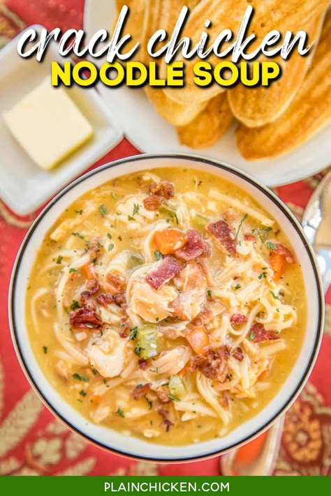 Crack Chicken Noodle Soup - this soup should come with a warning label! SO GOOD!!! Ready in 30 minutes! Chicken, cheese soup, milk, chicken broth, celery, carrots, ranch mix, bacon, cheddar cheese, and egg noodles. Everyone went back for seconds - even our super picky eaters! A great kid-friendly dinner!! We love this soup! #soup #bacon #chickennoodlesoup #crackchicken Loaded Chicken Noodle Soup, Chicken Noodle Soup Ingredients, Perfect Pot Roast, Ranch Salad, Soup Chicken, Soup Easy, Plain Chicken, Instant Pot Soup, Cooked Chicken