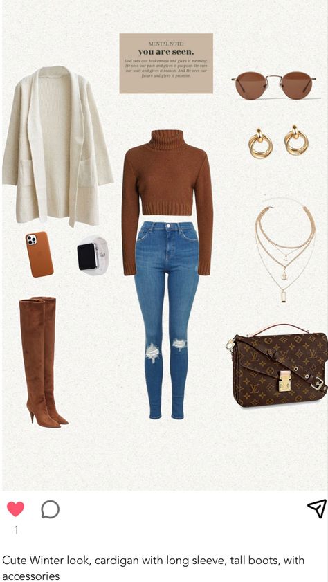 Cute Winter look, cardigan with long sleeve, tall boots, with accessories Cardigan And Boots Outfit, Look Cardigan, Cardigan Outfit, Fall 24, Cardigan Outfits, Boots Heels, Fit Inspo, Boots Outfit, Winter Looks