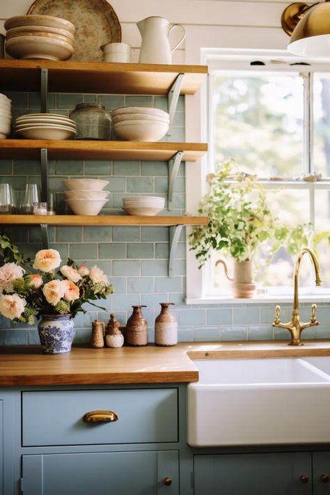 40+ Cozy Cottage Kitchen Ideas Cottage Kitchen Backsplash, Shabby Chic Farmhouse Kitchen, Small Cottage Kitchens, Chic Farmhouse Kitchen, Cottage Kitchen Inspiration, Farmhouse Kitchen Design Ideas, Farmhouse Cottage Kitchen, Cottage Kitchen Ideas, Distressed Cabinets