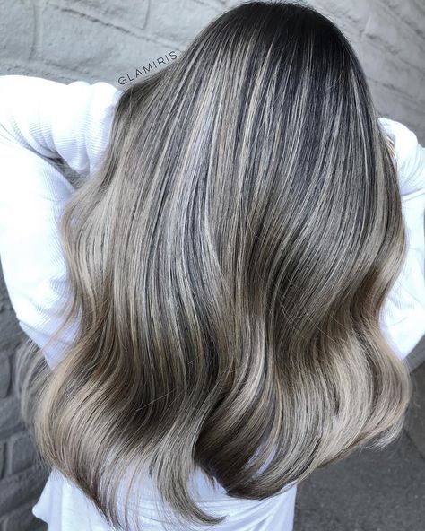 Dark Hair with Silver and Blonde Balayage Straight Hair Highlights, White Blonde Highlights, Dark Grey Hair, Grey Ombre Hair, Ash Hair, Brown Ombre Hair, Ash Blonde Balayage, Ash Hair Color, Blond Balayage