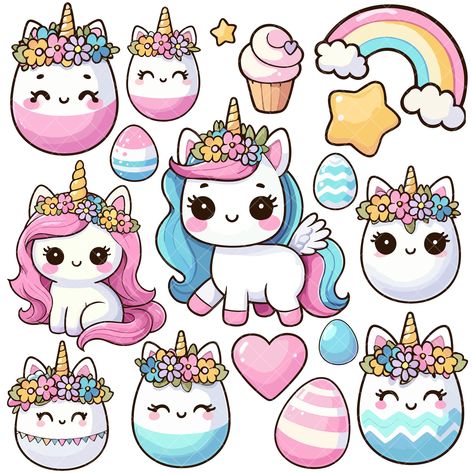 Easter Unicorn, Kawaii Easter, Unicorn Egg, Cricut Print And Cut, Kawaii Unicorn, Easter Stickers, Diy Journal Books, Unicorn Stickers, Unicorn Coloring Pages