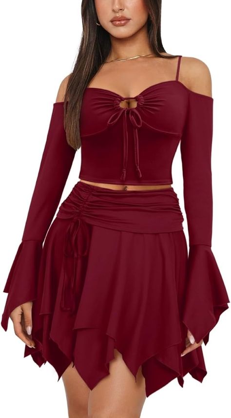 Amazon.com: PRIVIMIX Women 2 Piece Skirt Set Sexy Fairy Off Shoulder Rave Ruffled Outfits Y2K Fairycore Corset Club Festival Dress Wine Red : Clothing, Shoes & Jewelry Ruffled Outfits, Fairycore Corset, Red Clothing, 2 Piece Skirt, Y2k Fairycore, 2 Piece Skirt Set, Outfits Y2k, Red Skirt, Red Skirts