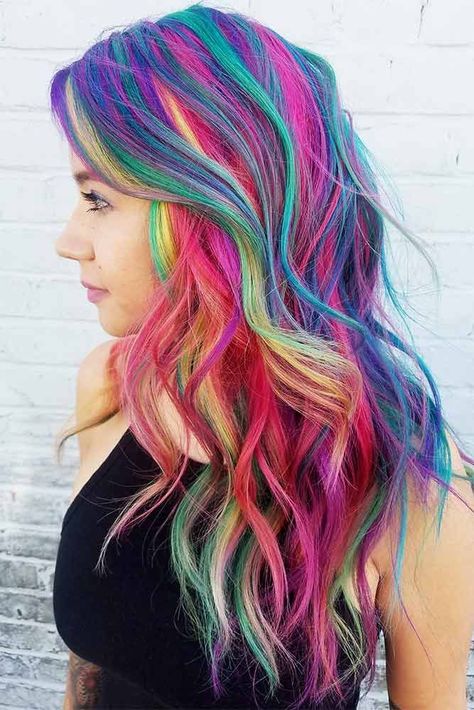 Long Rainbow Hair Ideas for a Bright Everyday Look Picture 4 Majestic Hair, Colorful Hairstyles, Funky Hair, Colourful Hair, Rainbow Hair Color, Multi Colored Hair, Art Hair, Coloured Hair, Multicolored Hair