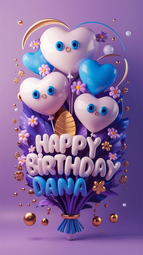 Purple And Gold Color Palette, Happy Birthday Dana, Floating Bubbles, Playful Typography, Lilac Background, Gold Color Palette, Vibrant Poster, Poster Typography, Gold Color Palettes