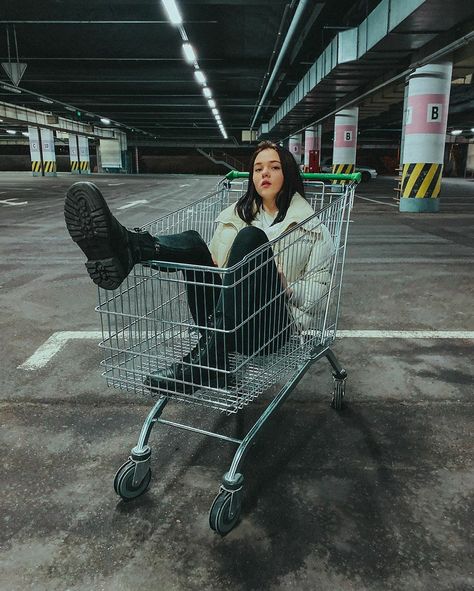 In Shopping Cart Pose, Person Sitting In Shopping Cart, Shopping Cart Pose Reference, Trolly Photoshoot Ideas, Person In Shopping Cart, Shopping Cart Poses, Trolley Photoshoot, Sitting In Shopping Cart, Shopping Cart Photoshoot