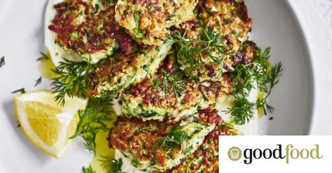 Serve these hot crunchy fritters with cool garlic yoghurt. Halloumi Fritters, Zucchini Patties, Meatless Mains, Vegetable Tart, Easy Pasta Dishes, Grilled Lamb, Fritter Recipes, Braised Chicken, Good Weekend