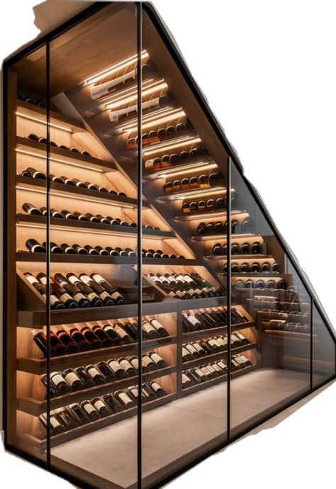 Wine Cellar In Floor, Man Cave Wine Cellar, Slanted Wine Storage, Wine Wall Under Stairs, Wine Cellar In House, Wine Display In Dining Room, Home Cellar Ideas, Wine Space Ideas, Indoor Wine Cellar