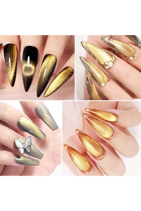 MIZHSE Universal Gold Cat Eye Gel Nail Polish, 9D Wide Magnetic Gel Polish with Magnet Stick, 10ml Galaxy Effect Bright Glitter Shimmer Cateye Nail Gel Soak Off Nail Art Manicure DIY at Home Magnetic Gel Polish, Manicure Diy, Cat Eye Gel, Cat Eye Nails, Eye Gel, Diy Manicure, Eye Design, Nail Gel, Gel Nail