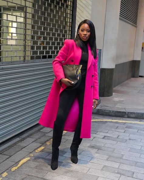 Trench Coat Pink Outfit, Fuschia Coat Outfit, Pink Trench Coat Outfit, Pink On Wednesdays, Peacoat Outfit, Long Coat Outfit, Pink Peacoat, Breaking The Rules, Pink Trench Coat