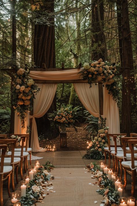 Creating a Charming Forest Wedding Ceremony 4 Classy Wedding Outdoor, Forest Wedding Altar Ideas, Wedding In Woods Ideas, Small Enchanted Forest Wedding, Forest Clearing Wedding, Wedding Ceremony In Woods, Calm Wedding Theme, Fall Wedding Outdoor Ceremony, Forest Spring Wedding